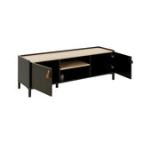Amsterdam TV-kast 2-deurs 1 plank met zwart stalen frame en licht kastanjebruine houten planken, perfect voor industriële interieurs.