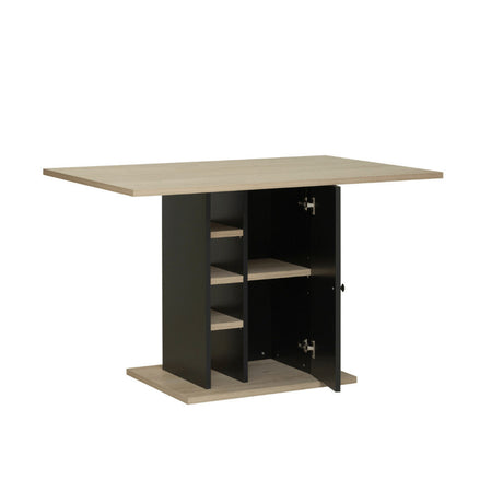 Oxford Tafel Met 4 Opbergvakken - Zwart / Eiken Look, een elegante eetkamertafel met vier opbergvakken, ideaal voor compacte ruimtes. Geschikt voor vier tot zes personen.