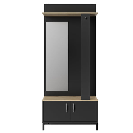 Garderobekast Store 190cm - Zwart/Eiken met spiegel, twee eiken planken en zwart frame, industrieel ontwerp, geschikt voor elke ruimte. Wordt gedemonteerd geleverd.