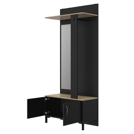 Garderobekast Store 190cm - Zwart / Eiken, met industriële stijl, zwarte frame en eiken planken, twee deuren en spiegel, geschikt voor elke ruimte.