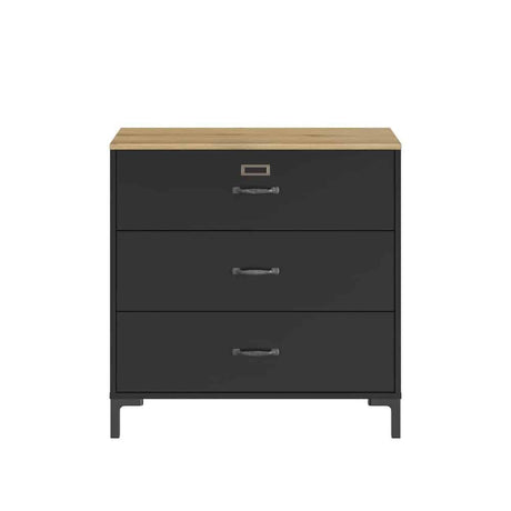 Manchester Dressoir met 3 lades, zwart/eiken look, met industriële stijl en ruime opbergruimte, ideaal voor elke ruimte in huis.