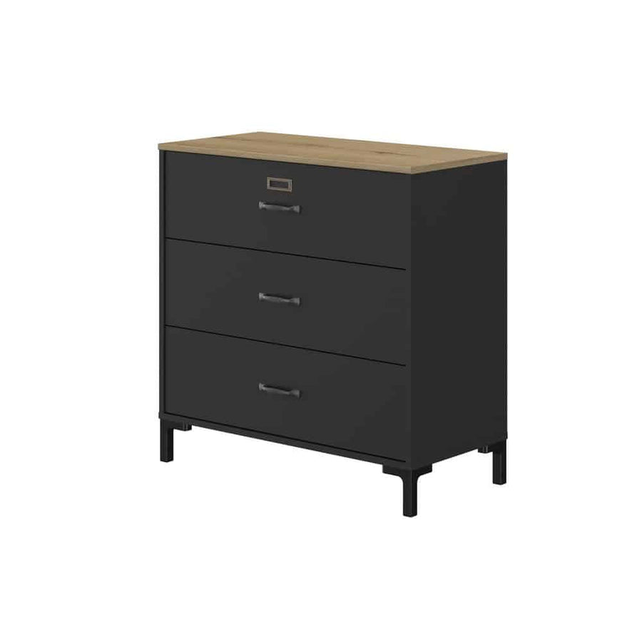 Manchester Dressoir met 3 lades, zwart met eikenlook, biedt industriële stijl en veel opbergruimte, perfect voor elke woonruimte.
