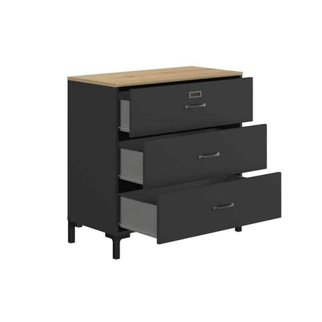 Manchester Dressoir met 3 lades in zwart/eiken look, industrieel ontwerp met ruime opberglades en eiken accenten, ideaal voor moderne interieurs.