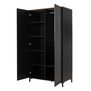 Manchester Kledingkast 2-deurs - Zwart / Eiken Look, een industriële kast met twee deuren, zwart met eiken accenten, ideaal voor diverse slaapkamers.