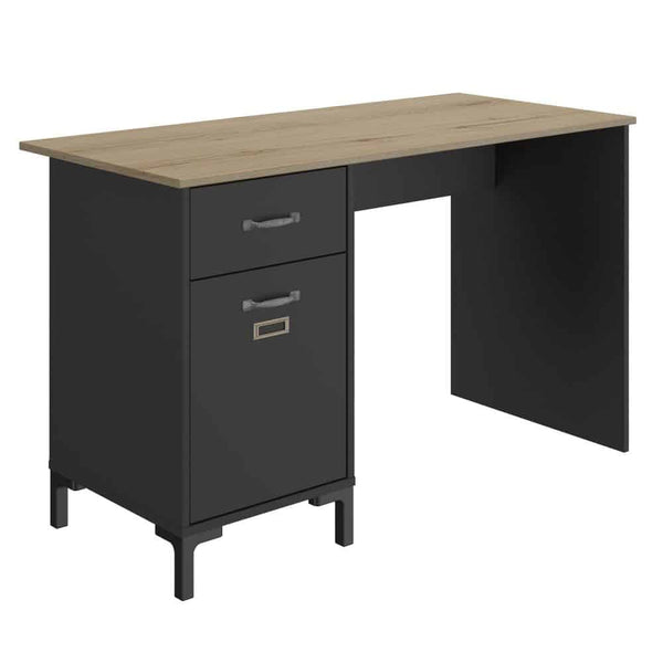 Manchester Bureau 1 Deur 1 Lade - Zwart/Eiken Look; industrieel design, eiken tafelblad, zwart frame, functioneel met lade en deur, ideaal voor werk- of gamekamer.