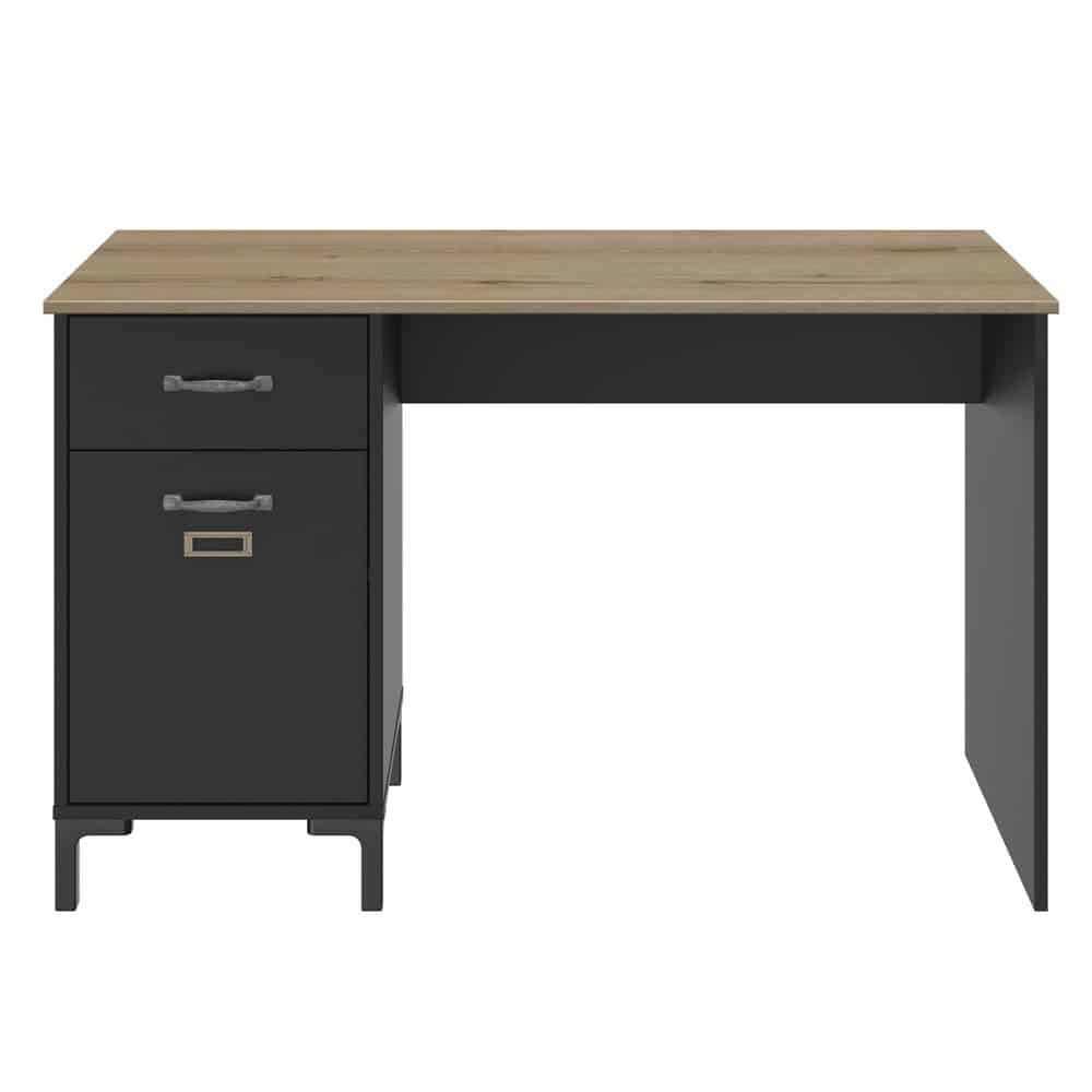 Manchester Bureau 1 Deur 1 Lade met zwart frame en eiken look, voorzien van praktische lade en deur, ideaal voor een industriële werk- of gamekamer.