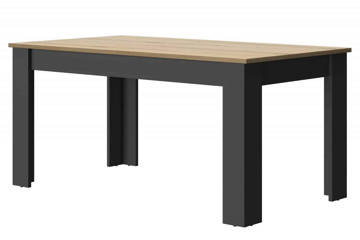 Manchester Eettafel - Zwart/Eiken Look 160/200x90cm, uitschuifbare industriële tafel met mat zwarte poten en spaanplaat tafelblad, ideaal voor grote gezelschappen.