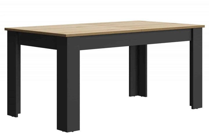 Manchester Eettafel - Zwart/Eiken Look, uitschuifbare industriële tafel met zwarte poten en eiken accenten, geschikt voor meerdere personen, 160-200x90cm.