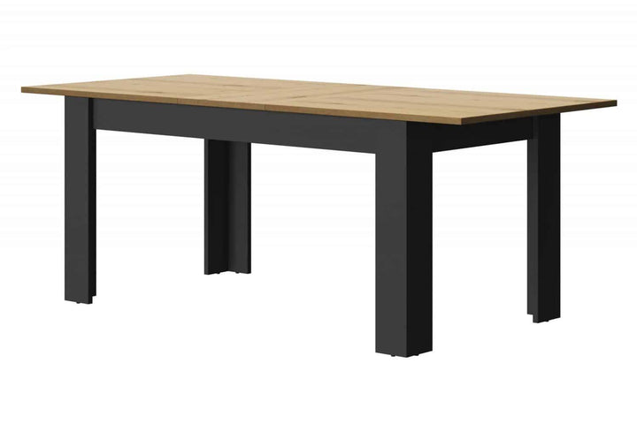 Manchester Eettafel - Zwart/Eiken Look, uitschuifbare industriële tafel met mat zwarte poten en eiken accent, geschikt voor grote gezelschappen. Afmetingen: 160/200x90cm.