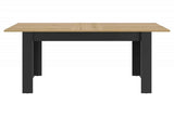 Manchester Eettafel - Zwart/Eiken Look, uitschuifbare industriële tafel met zwarte poten en eiken accenten, ideaal voor grote gezelschappen. Afmetingen: 160/200x90cm.