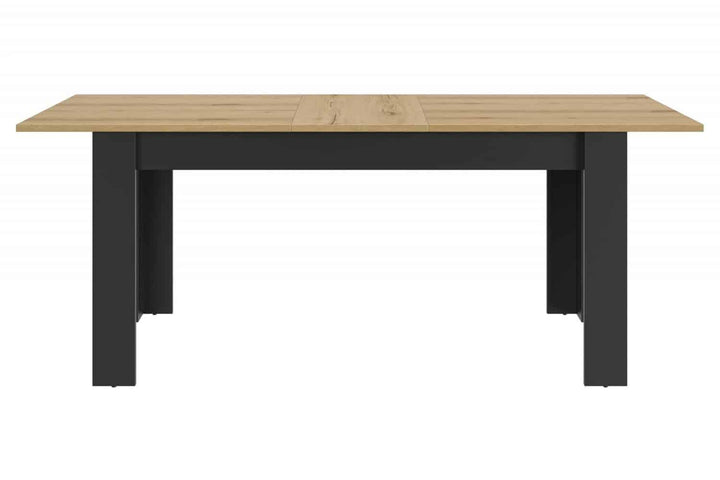 Manchester Eettafel - Zwart/Eiken Look, uitschuifbare industriële tafel met zwarte poten en eiken accenten, ideaal voor grote gezelschappen. Afmetingen: 160/200x90cm.