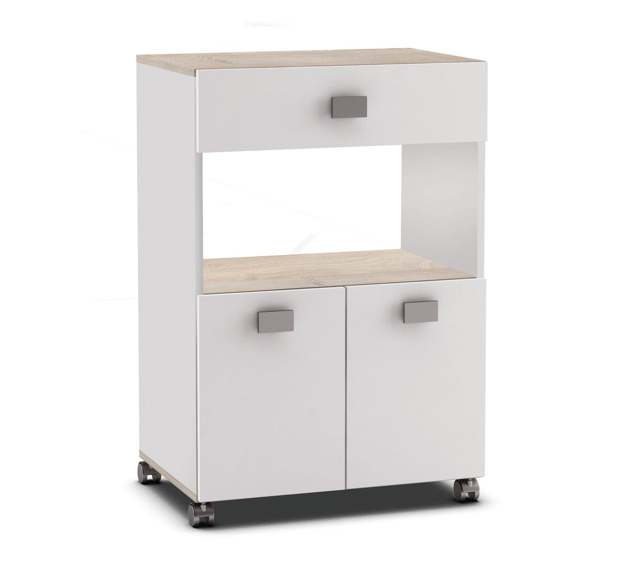 Keukentrolley Romarin, een witte kast met lades, biedt ruime opbergruimte en een plek voor een magnetron, ideaal voor een praktische keukenindeling.