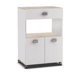 Keukentrolley Romarin, een witte kast met lades, biedt ruime opbergruimte en een plek voor een magnetron, ideaal voor een praktische keukenindeling.