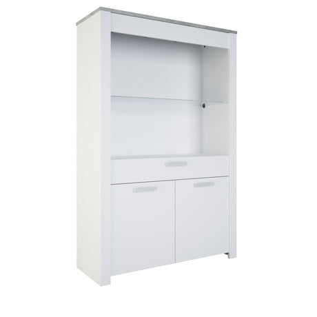 Vitrinekast Floride - Betonlook 173cm, met glazen planken en melamine top. Ideaal voor elke ruimte, vervaardigd uit spaanplaat.