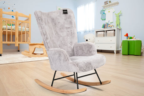 Aemely® Schommelstoel Mama in grijs imitatiebont met houten poten en metalen frame, ideaal voor babykamers, biedt comfort en stijl in elke ruimte.