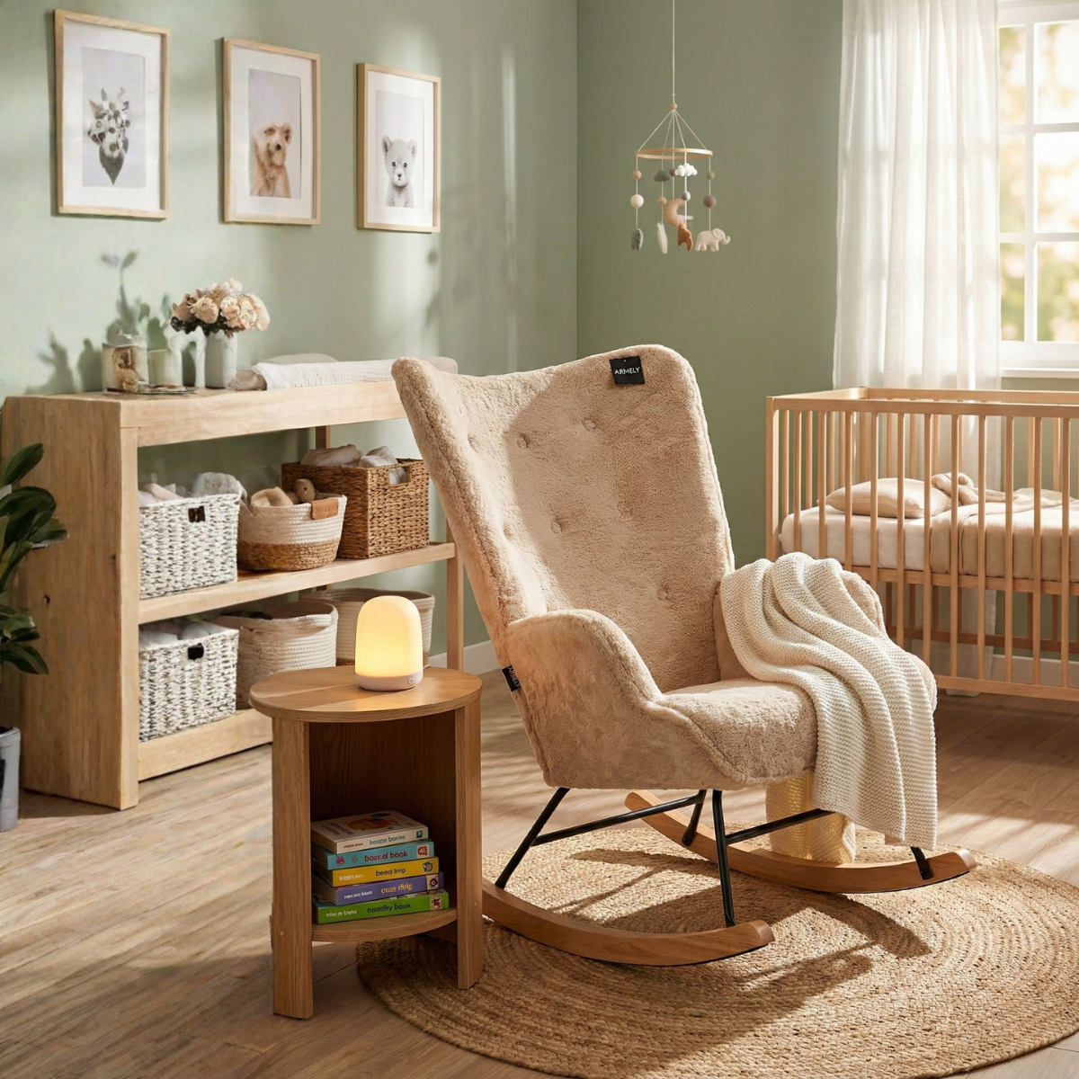 Aemely® Schommelstoel Mama - Beige Imitatiebont & Blank Hout