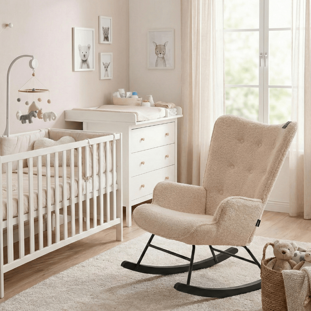 Aemely® Schommelstoel Mama - Beige Teddy & Zwart Hout