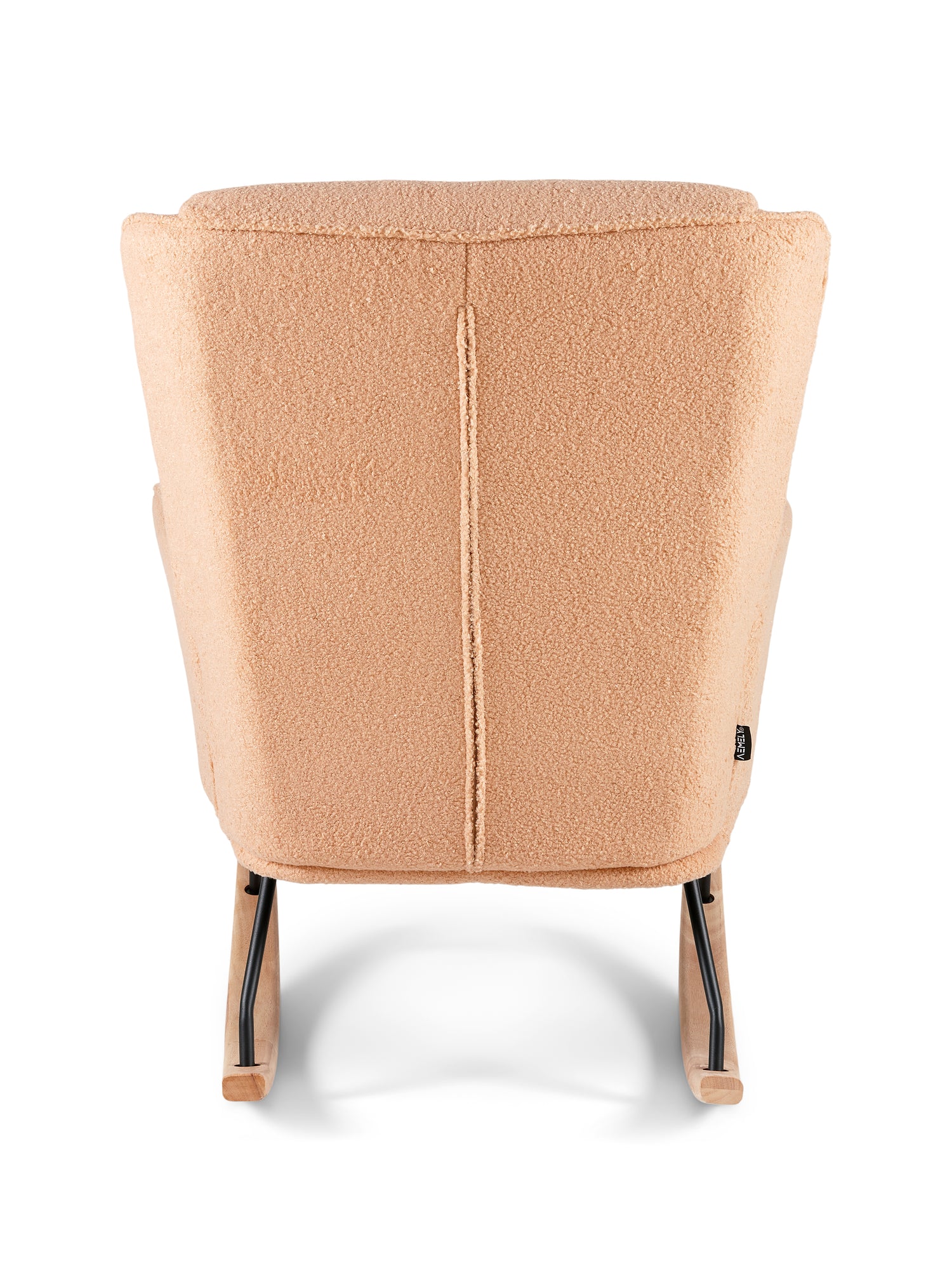 Aemely Schommelstoel Relax - Beige Apricot Teddy, Zwarte Poten, moderne schommelstoel met gebogen rugleuning en houten rockers, perfecte aanvulling voor hedendaagse interieurs.