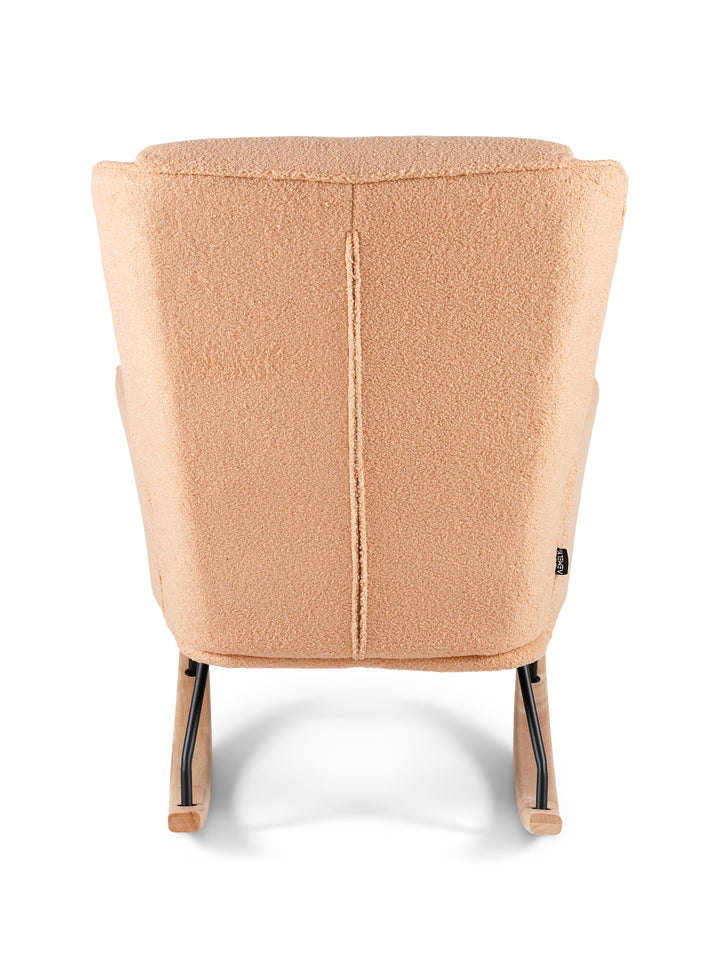 Achterkant van de Aemely® Schommelstoel 'Relax' met ingebouwde voetsteun, bekleed met zachte teddy stof en houten poten.
