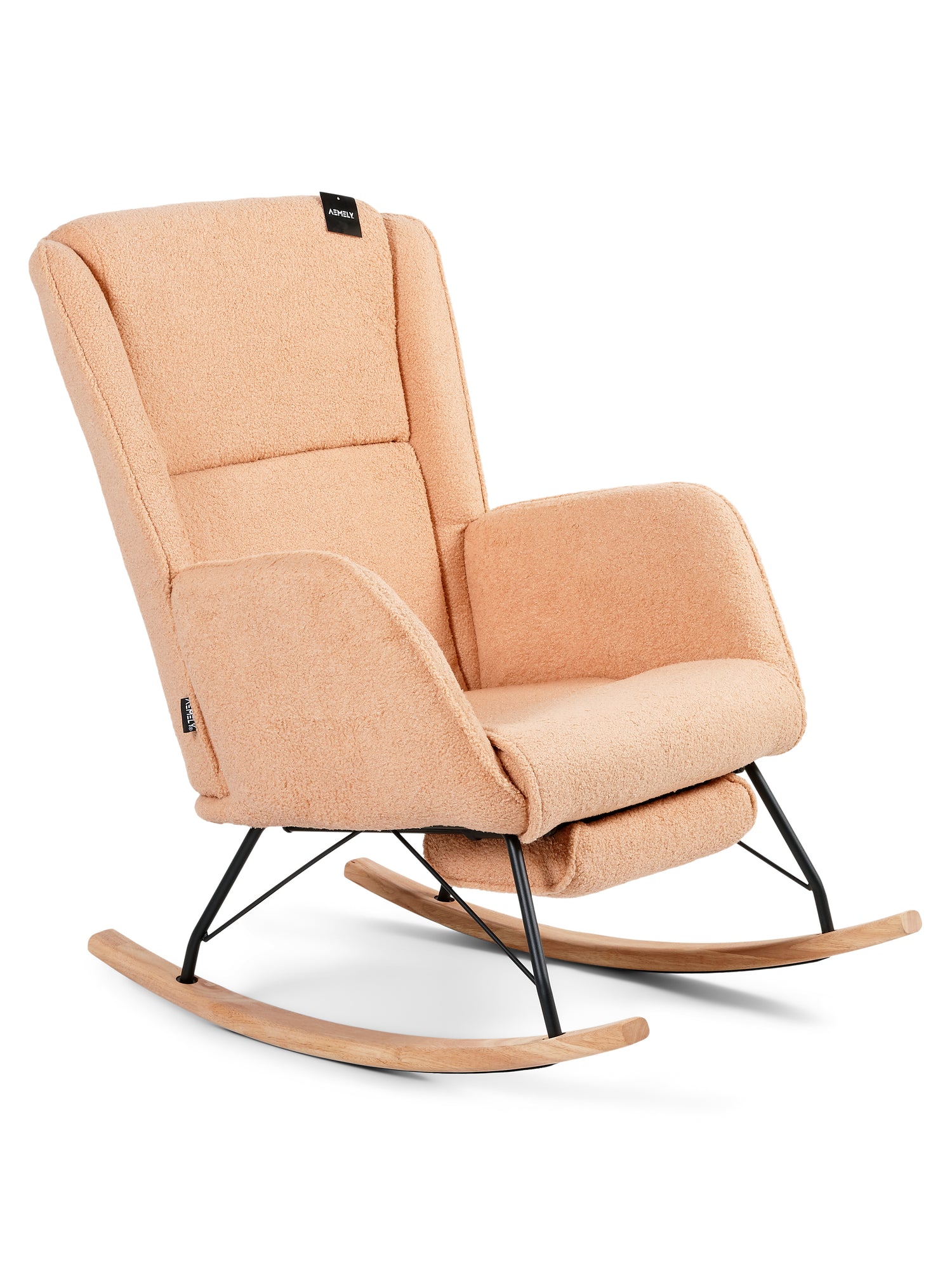 Aemely® Schommelstoel 'Relax' met zwart metalen frame, beige apricot teddy bekleding, en beukenhouten poten, perfect voor ontspanning in elke kamer.