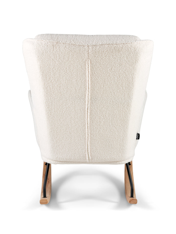 Aemely® Schommelstoel 'Relax' in witte teddy stof met houten poten en ingebouwde voetsteun, ontworpen voor comfort en ontspanning.