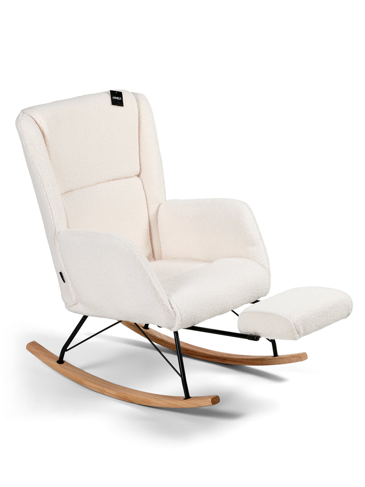 Aemely® Schommelstoel 'Relax' met ingebouwde voetsteun, wit teddy stof, beukenhouten poten. Comfortabel en modern vormgegeven voor moeders in babykamers.
