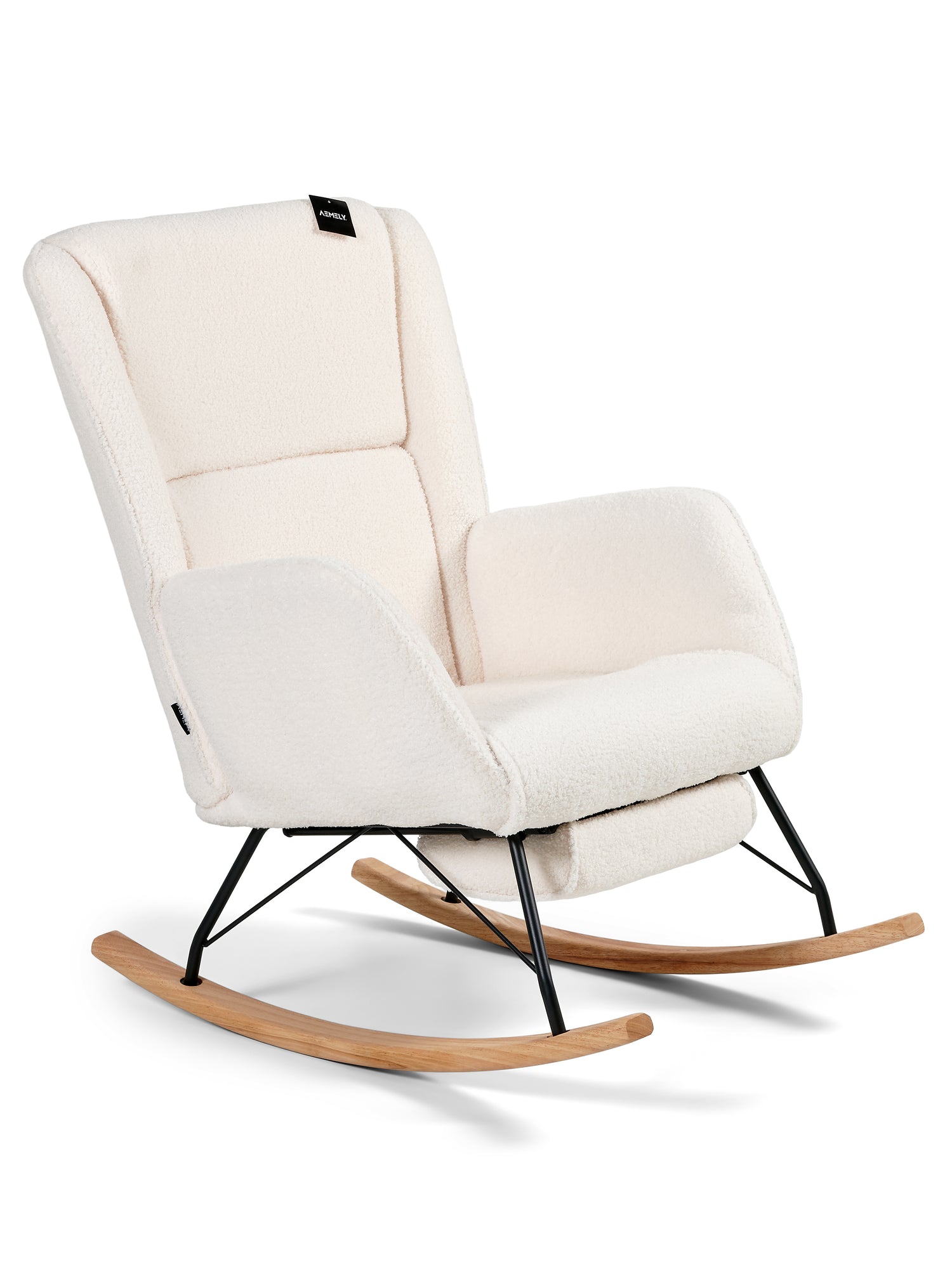 Aemely® Schommelstoel 'Relax' met ingebouwde voetsteun, wit teddy stof, beukenhouten poten, zwart metalen frame, ideaal voor comfort in de babykamer.