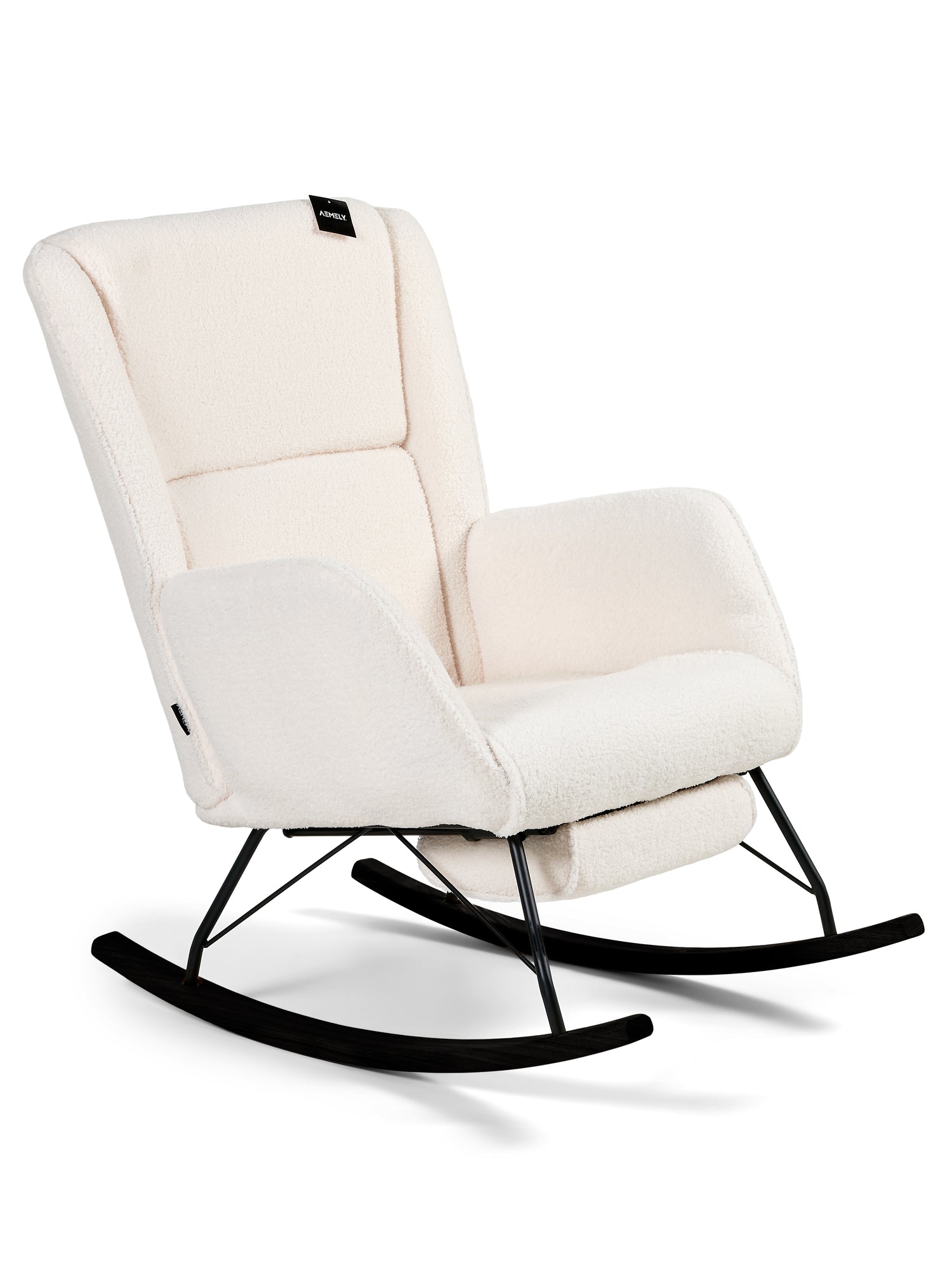 Aemely Schommelstoel Relax - Wit Teddy, Zwarte Poten, moderne schommelstoel met hoge rugleuning en armleuningen, bekleed met zachte bouclé stof, op zwarte metalen en houten poten.