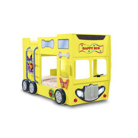 Kinderbed Happy bus 210×115×145– Geel: speels dubbeldekker busbed met groot slaapoppervlak en kleurrijk ontwerp, perfect voor kinderen, gemaakt van MDF en kunststof.