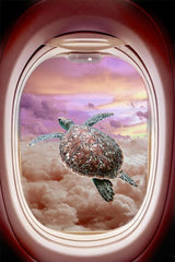 Glasschilderij 80x120cm Turtle flying in the clouds