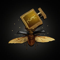 Glasschilderij 80x80cm YSL beetle with perfume bottle - Gold