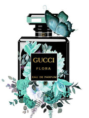 Glasschilderij met goudfolie 60x80cm Gucci parfum fles - Zwart met turquoise accenten