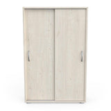 Kast Met 2 Schuifdeuren, wit en modern, met verstelbare planken en zilveren handgrepen, ideaal voor ruimtebesparing en opslag in elk interieur.
