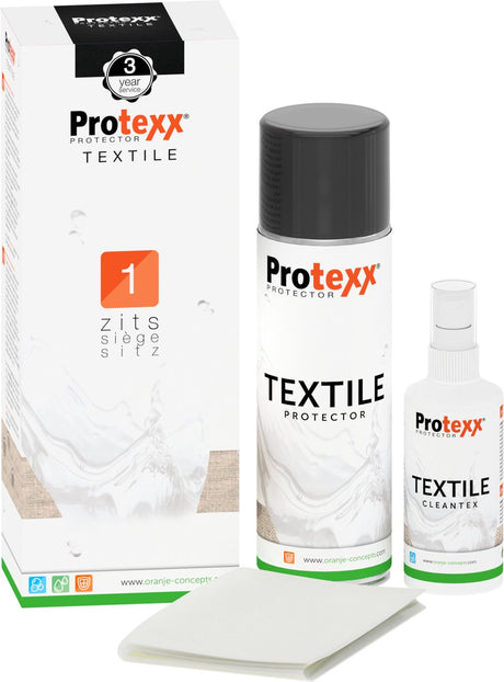Protexx Protector Set 3jr 1-zits, bestaande uit een witte fles en spuitbus voor optimale bescherming van textiel en leatherlook meubels tegen vlekken en UV-straling.
