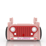 Kinderbed Jeep 207×116 – Roze, een stoer roze speelgoedjeepbed met grote wielen en logo, gemaakt van MDF, inclusief matras, ideaal voor kinderkamers.