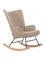 Aemely® Schommelstoel Mama, beige stof, houten en stalen frame, moderne uitstraling, ideaal voor moeders, biedt comfort in baby- en woonkamers.