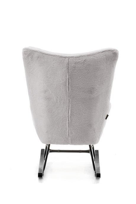 Aemely® Schommelstoel Mama met grijs imitatiebont, zwarte metalen frame en poten. Ideaal voor babykamer of woonkamer. Comfortabele, zachte bekleding en stevige constructie.