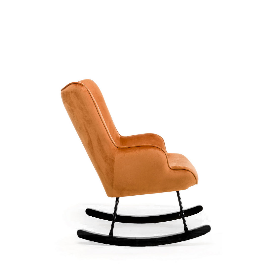 Oranje koper schommelstoel met zwarte poten in fluweel