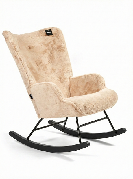 Aemely® Schommelstoel Mama met beige imitatiebont, zwarte beukenhouten poten en metalen frame. Ideaal voor babykamer of woonkamer als opvallend meubelstuk.