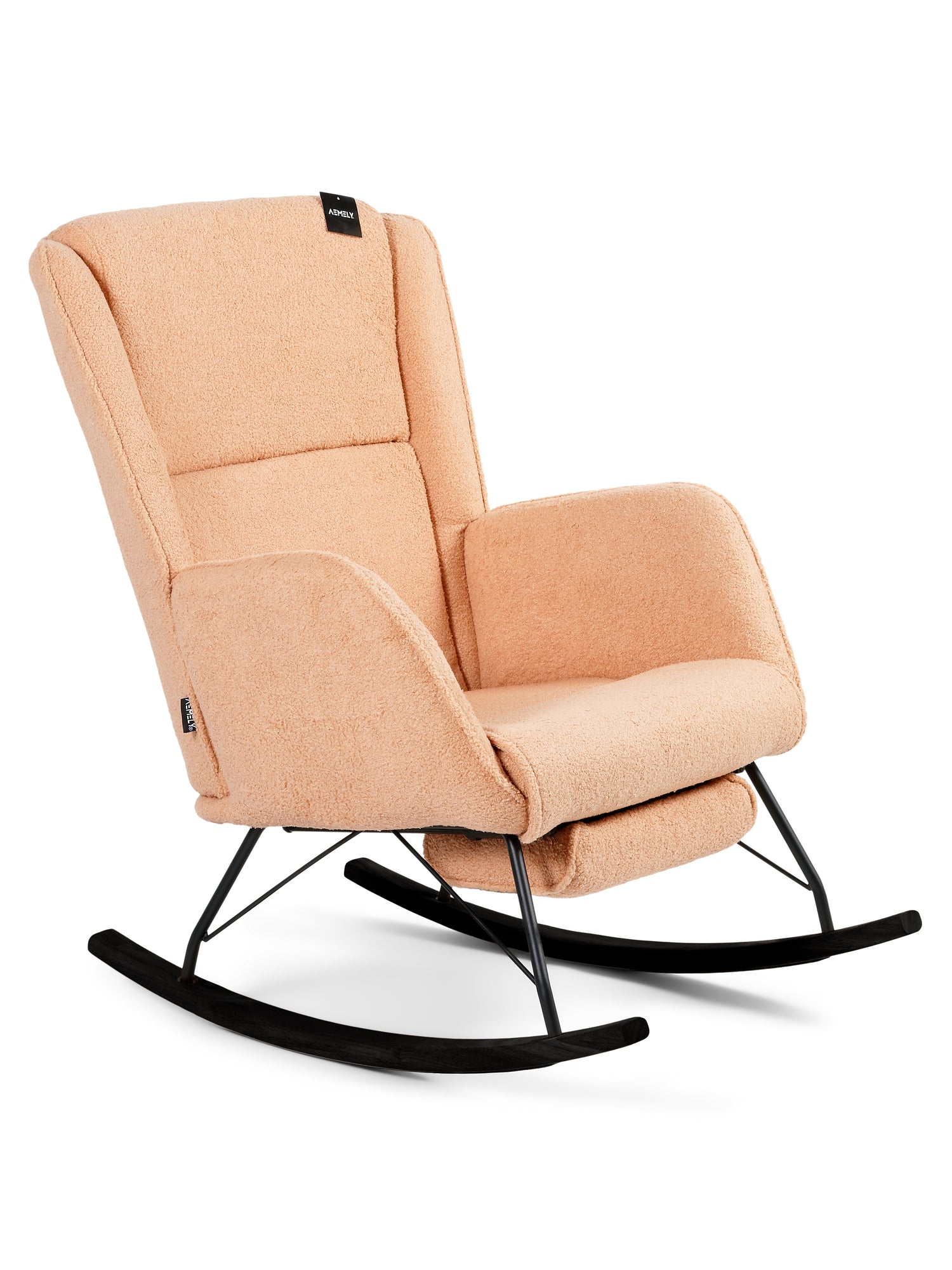 Aemely Schommelstoel Relax: moderne schommelstoel met perzik teddy bekleding, zwart metalen frame en houten poten, ideaal voor stijlvol comfort en ontspanning.