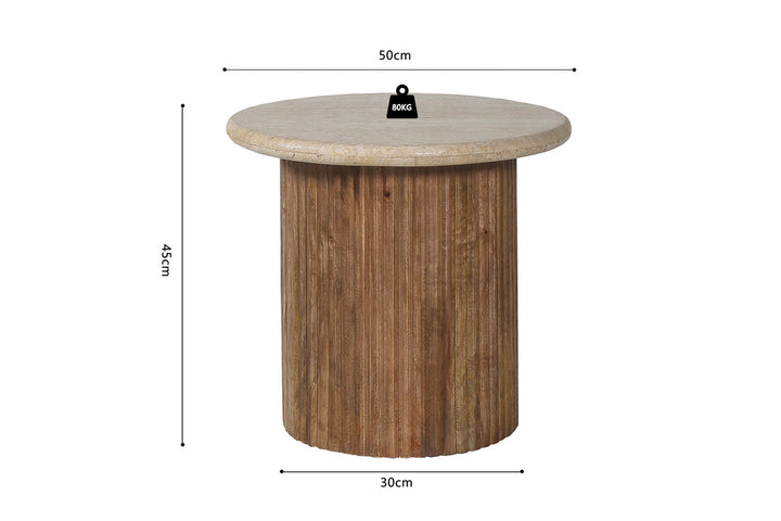 Bijzettafel 'Louis' 50 cm van mangohout met travertin beige blad, ronde vorm, ideaal voor elke woonruimte.