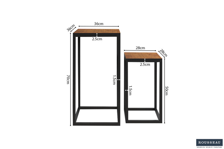 Bijzettafel 'Madeira' 2-delig van Mango Hout met metalen structuur, weergegeven met afmetingen en schets van rechthoekig ontwerp.