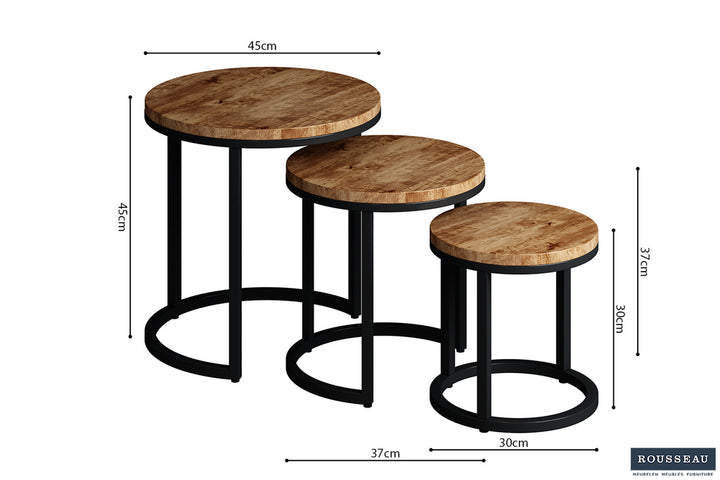 Bijzettafel / Salontafel 'Plano' 3-delig, metaalstructuur en blad van exotisch Mango hout, ronde vorm en zwarte basis.