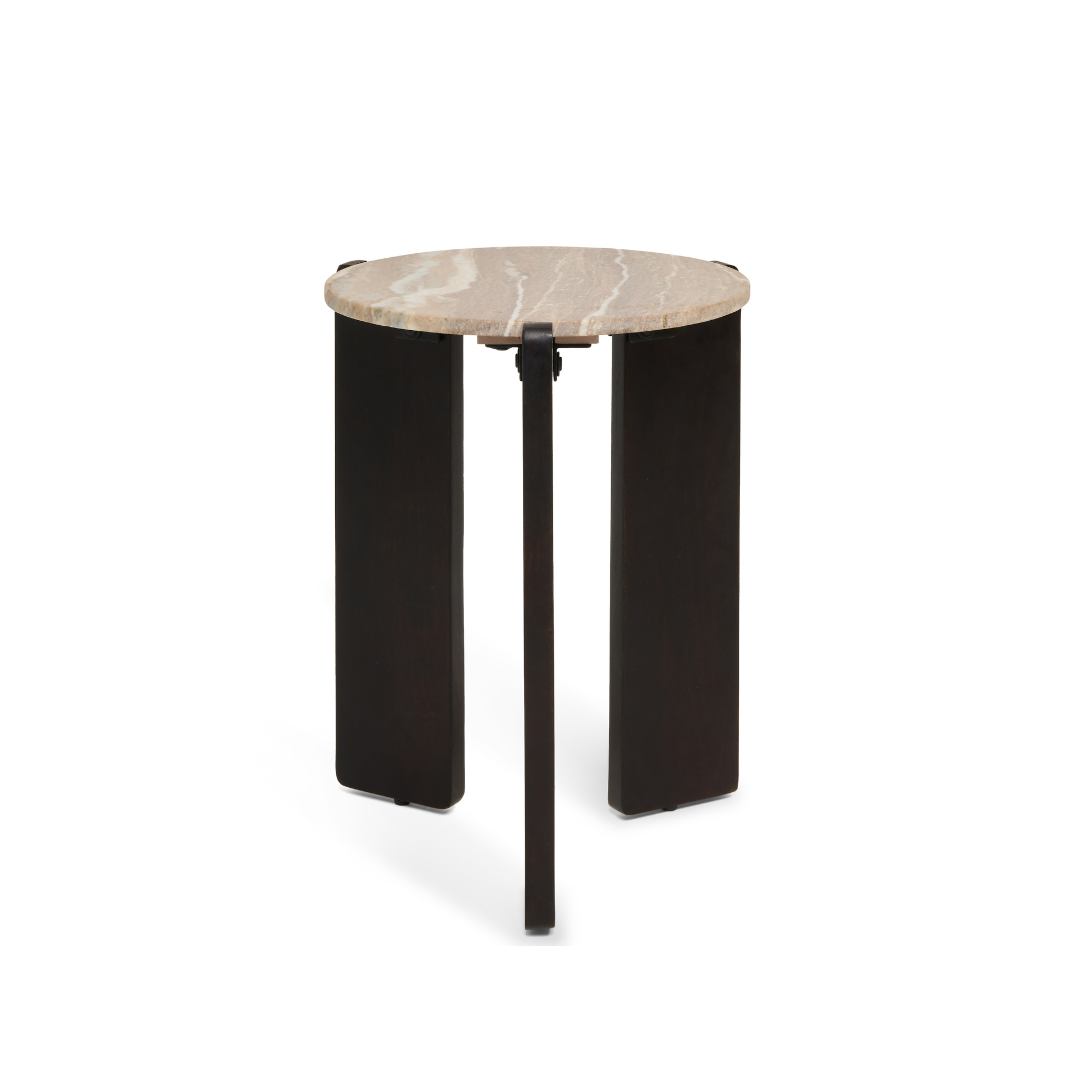 Bijzettafel Lilo - Donkerbruin Acacia & Beige/Taupe Marmer