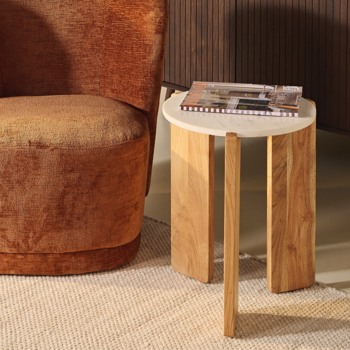 Bijzettafel Lilo - Lichtbruin Acacia & Beige Marmer