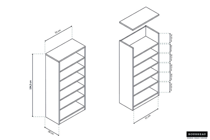 Boekenkast 'Space' met 5 legplanken, technische lijntekening van MDF en Spaanderplaat constructie. Geschikt voor diverse ruimtes in huis.