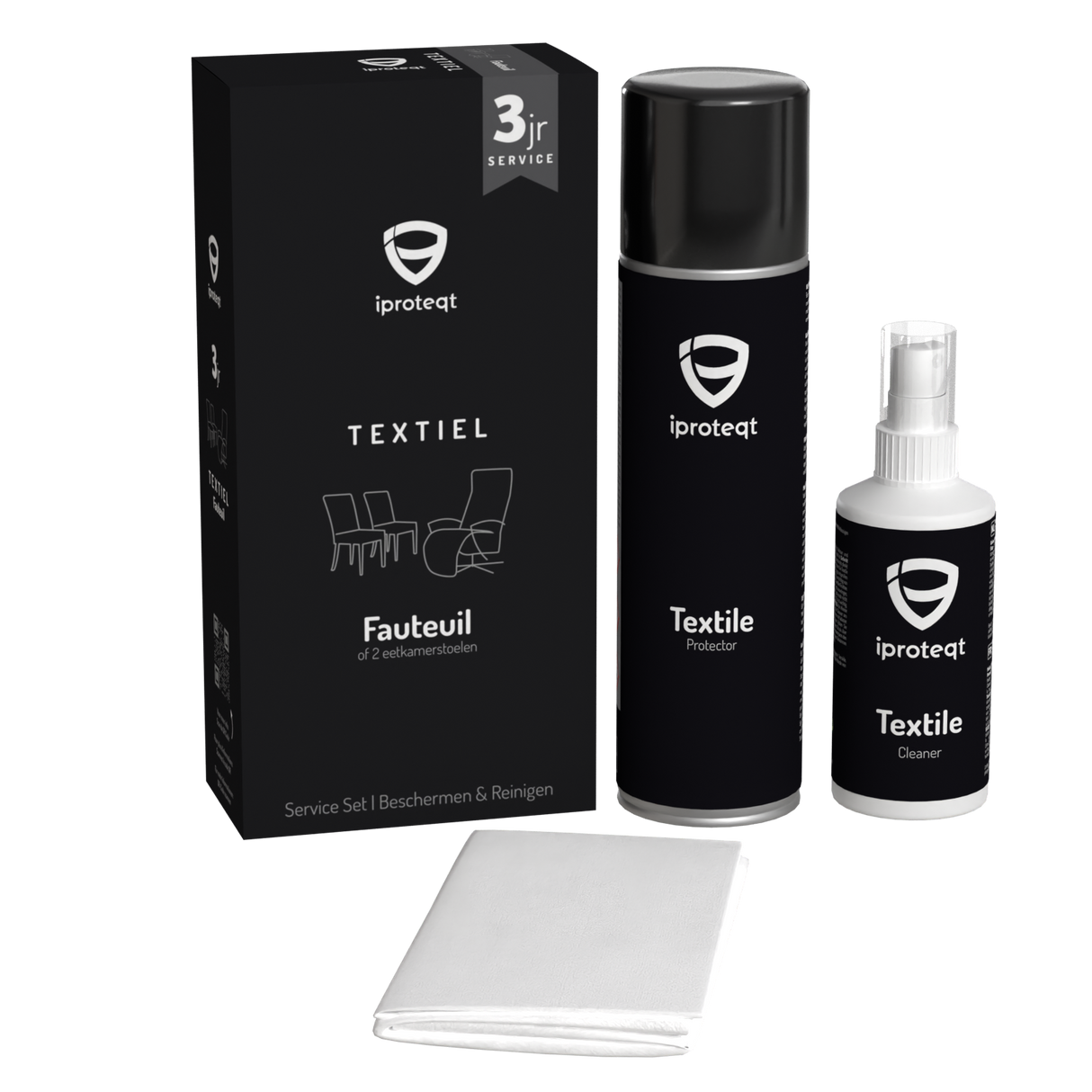 Protexx Protector Set 3jr 1-zits met zwarte doos en twee flessen, voor optimale bescherming van textiel en leatherlook meubels tegen vlekken en UV-straling.