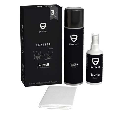 Protexx Protector Set 3jr 1-zits met zwarte doos en twee flessen, voor optimale bescherming van textiel en leatherlook meubels tegen vlekken en UV-straling.
