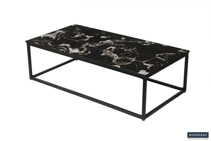 Salontafel 'Livorno' Composiet Marmer Zwart, een stijlvolle tafel met zwart-wit marmerlook blad en metalen structuur, perfect voor moderne interieurs.