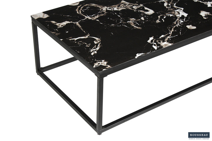 Salontafel 'Livorno' Composiet Marmer Zwart, een stijlvolle tafel met zwart-wit marmerlook blad en metalen structuur, perfect voor moderne interieurs.